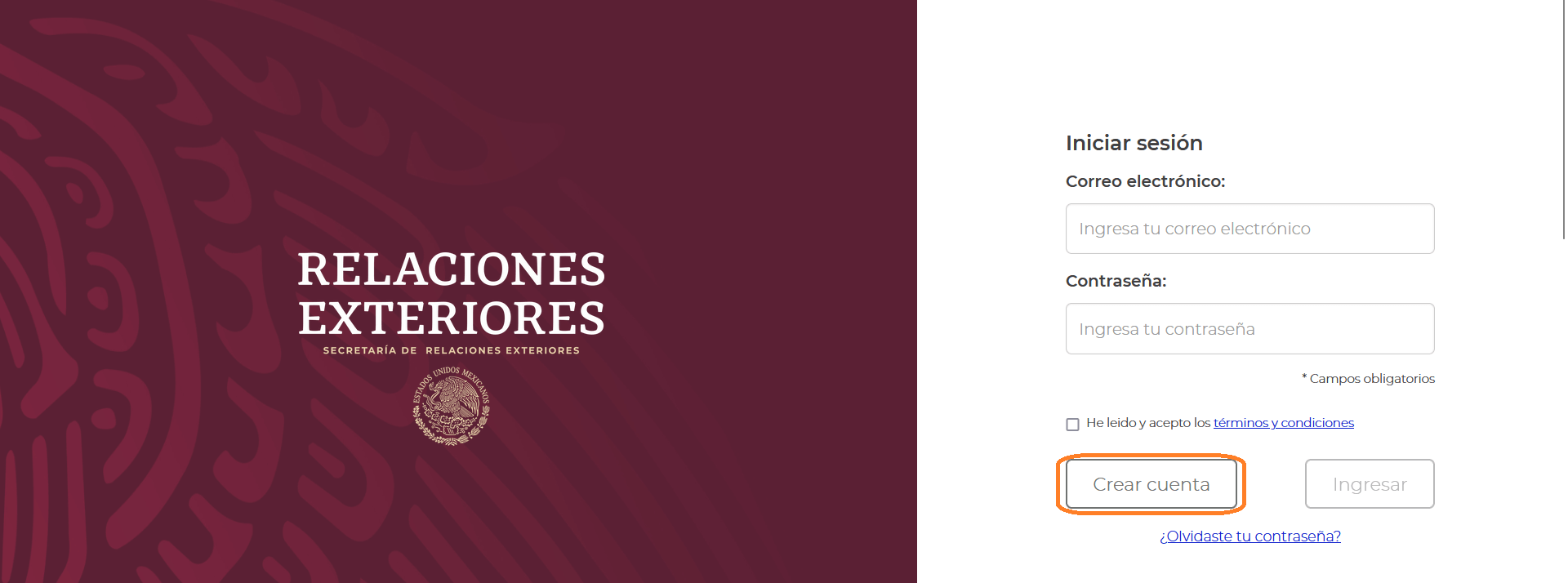 Trámite SRE - Crear cuenta