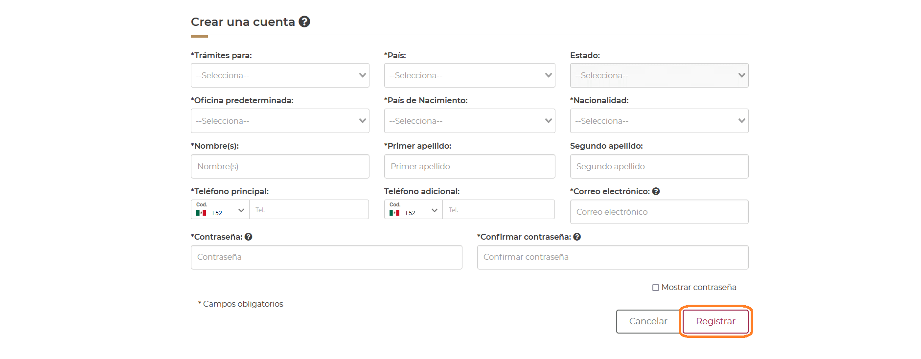 Trámite SRE - Registro cuenta